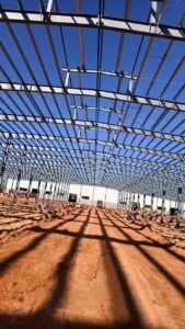 Perspectiva interior de marcos rígidos y correas de techo en una bodega industrial de gran formato
