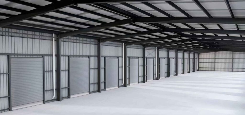 Avance del cerramiento exterior con paneles metálicos en la construccion de galpones industriales.