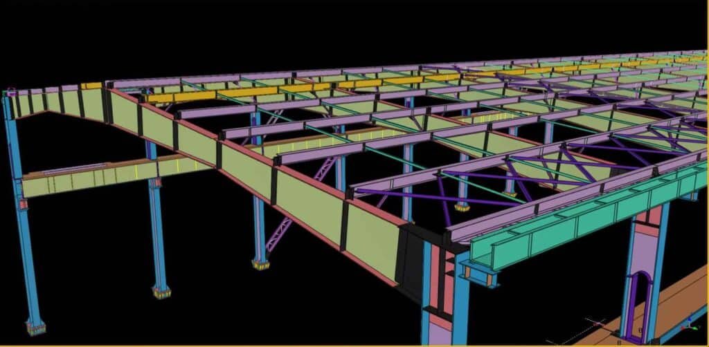 Wide 3D view showcasing the intricate roof framework and crane runway systems of a custom steel fabrication workshop.