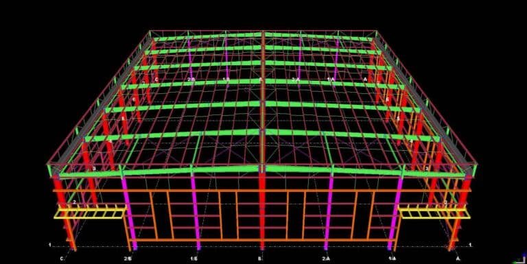 Vista isométrica de diseño 3D para construcción galpón logístico con plataformas.