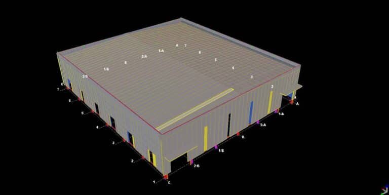 Marco de acero con plataformas laterales para construcción galpón modular.