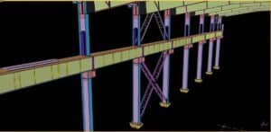 Structural design of a heavy-duty workshop showing continuous crane runway beams and supporting steel columns