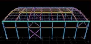 Complete 3D structural modeling of an industrial metal workshop building showing main steel frame and secondary structures.