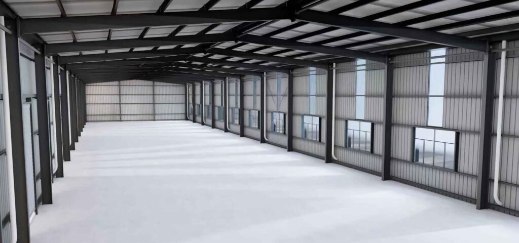 Obreros instalando chapas metálicas en el techo como parte de la construccion de galpones industriales