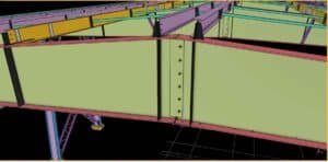 Rigid frame roof apex splice connection detail with high-strength bolts for a clear span metal workshop.
