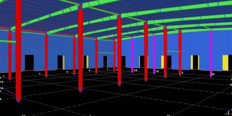 Detalle de tensores y nudos estructurales para construcción galpón antisísmico.