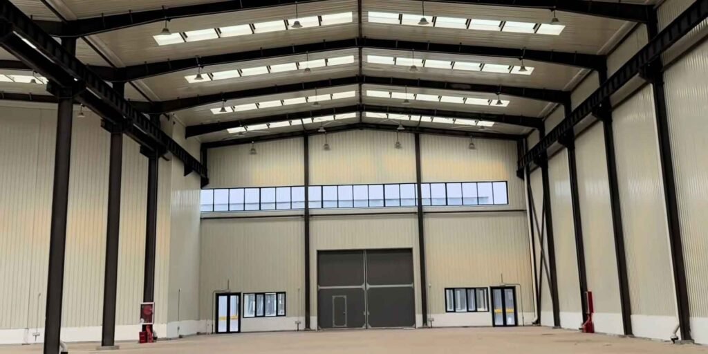 Detalle en primer plano de la instalación de estructuras metálicas, mostrando gruesas columnas de acero negro en forma de H con placas de conexión, vigas que se extienden hacia el techo y una caja roja de extintor de incendios montada sobre la base de la columna.