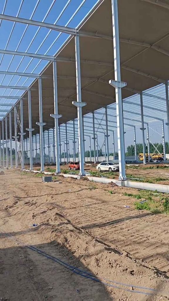 Fila de columnas de una estructura metálica industrial con parte de la cubierta instalada y vehículos en el exterior.