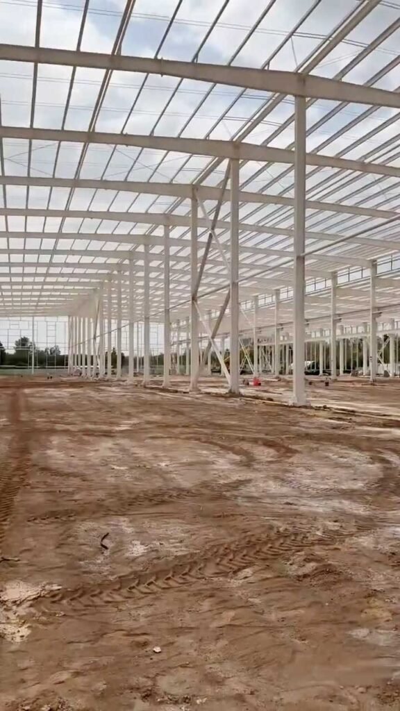 Interior de un industrial steel building masivo con suelo compactado y múltiples bahías de almacenamiento alineadas.