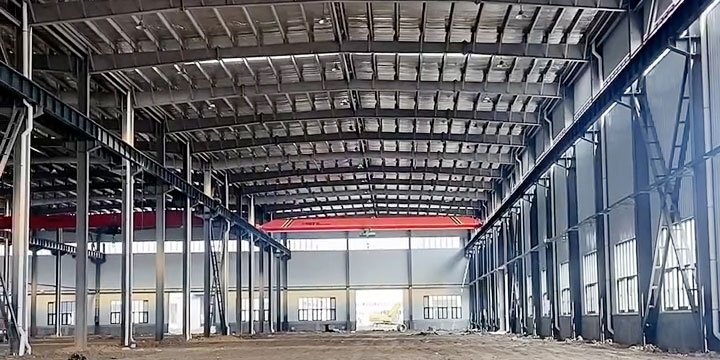 Interior of an industrial warehouse showing installed red overhead crane beams for heavy manufacturing operations.