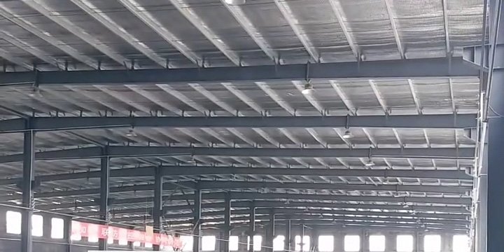 Detailed view of a steel warehouse building roof structure including I-beam rafters, C-purlins, and high-bay industrial lighting