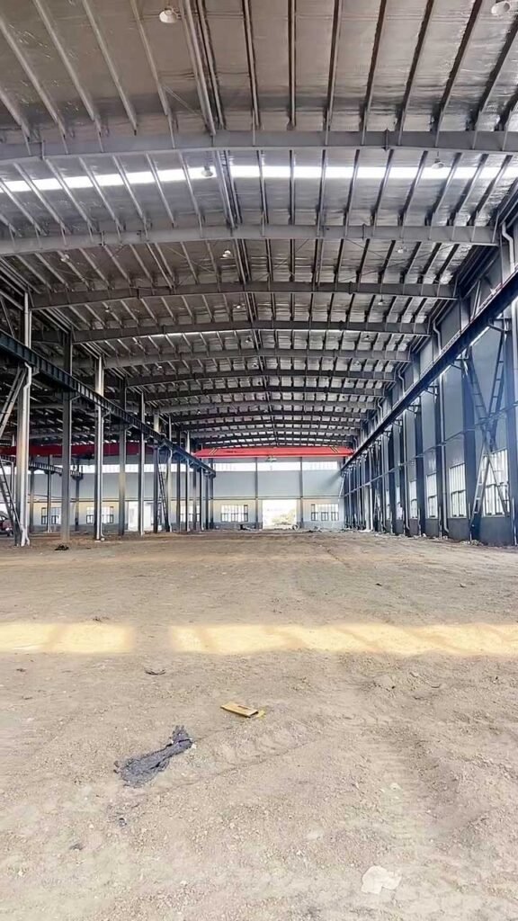 Vast interior of an industrial warehouse showing rows of structural steel columns and wall purlins for a clear-span logistics center.