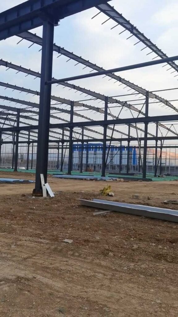 Complete structural grid of an industrial steel warehouse demonstrating the modular bay spacing and secondary framing provided by a leading warehouse building supplier.