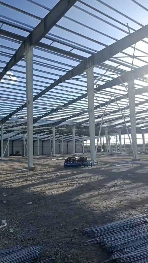Sunlight streaming through the rigid skeleton of a facility built by a turnkey warehouse contractor, highlighting the precision-engineered secondary framing and wall girts.