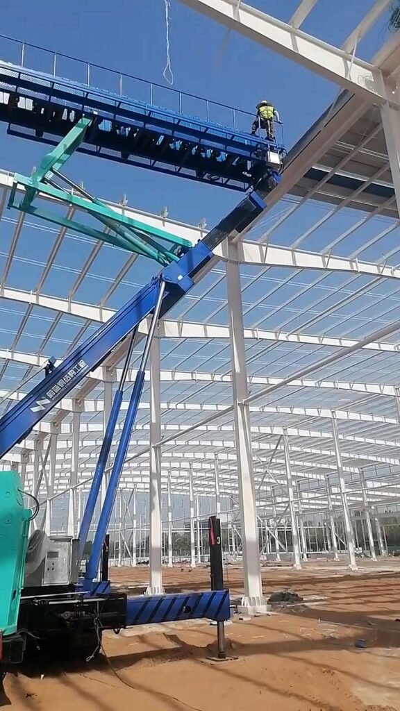 A construction worker on a blue boom lift safely installing galvanized roof purlins, a critical labor and structural component that influences the total warehouse building price.