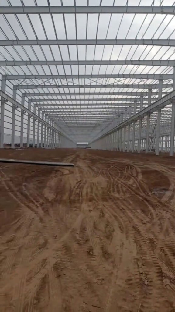 Vista interior de un almacén con estructura metálica con pórticos de acero perfiles H y correas de techo instaladas.